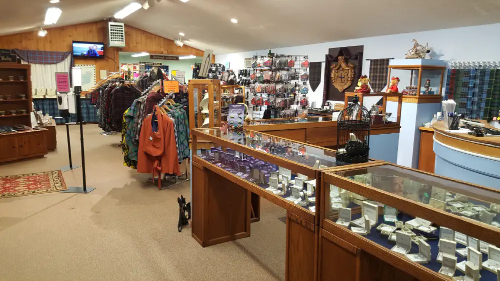 Scottish clothing, jewellery, and gifts displayed inside Rablogan Castle of Scotland.