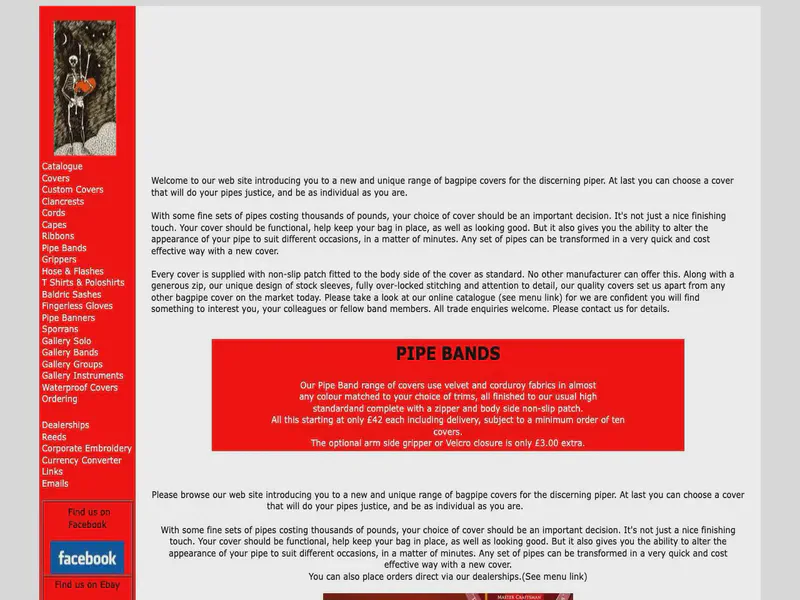 Website preview for www.bagpipecovers.com